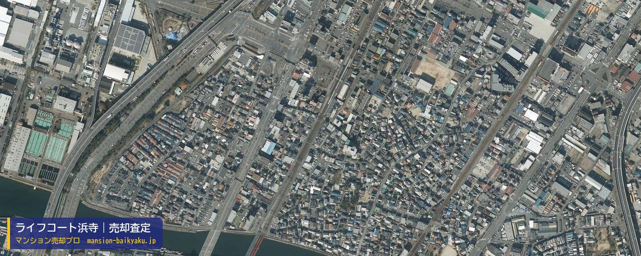 ライフコート浜寺の売却査定・買取価格｜堺市西区浜寺石津町中（マンション売却プロ作成の航空写真（町の中心））