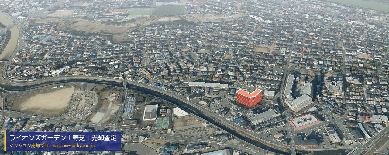 ライオンズガーデン上野芝の売却査定・買取価格｜堺市西区上野芝町（マンション売却プロ作成の建物を立体で示した航空写真）