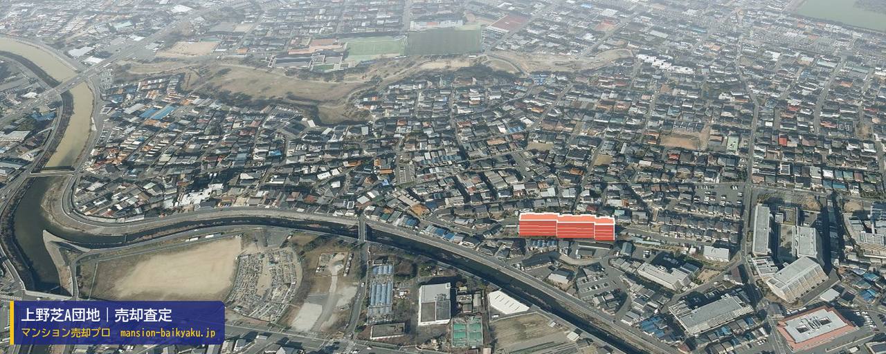 上野芝A団地の売却査定・買取価格｜堺市西区上野芝町（マンション売却プロ作成の建物を立体で示した航空写真）