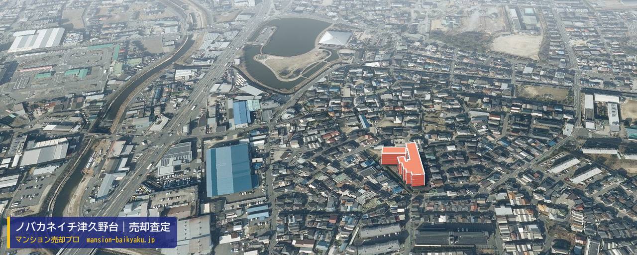 ノバカネイチ津久野台の売却査定・買取価格｜堺市西区平岡町（マンション売却プロ作成の建物を立体で示した航空写真）