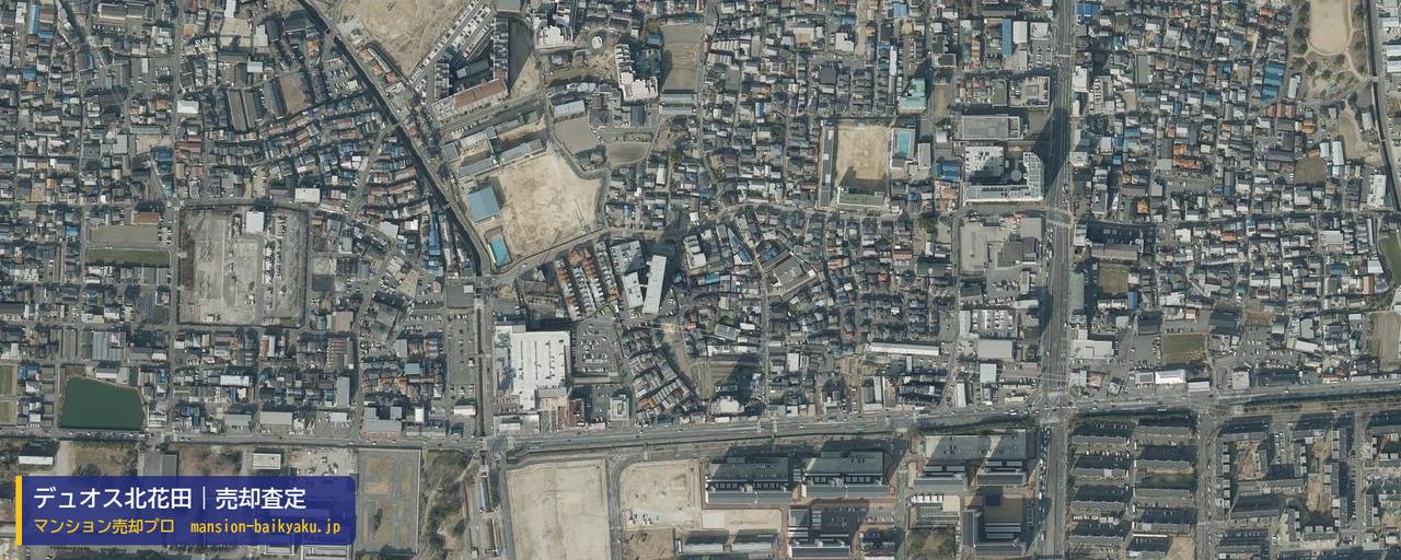 デュオス北花田の売却査定・買取価格｜堺市北区蔵前町（マンション売却プロ作成の航空写真（町の中心））