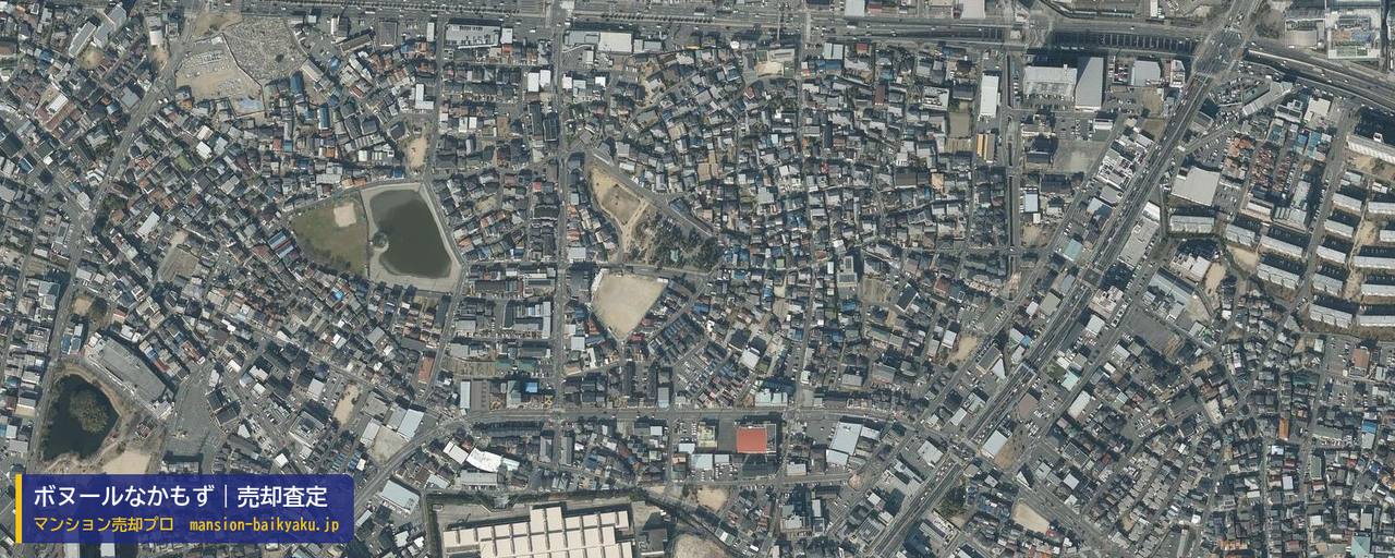 ボヌールなかもずの売却査定・買取価格｜堺市北区長曽根町（マンション売却プロ作成の航空写真（町の中心））
