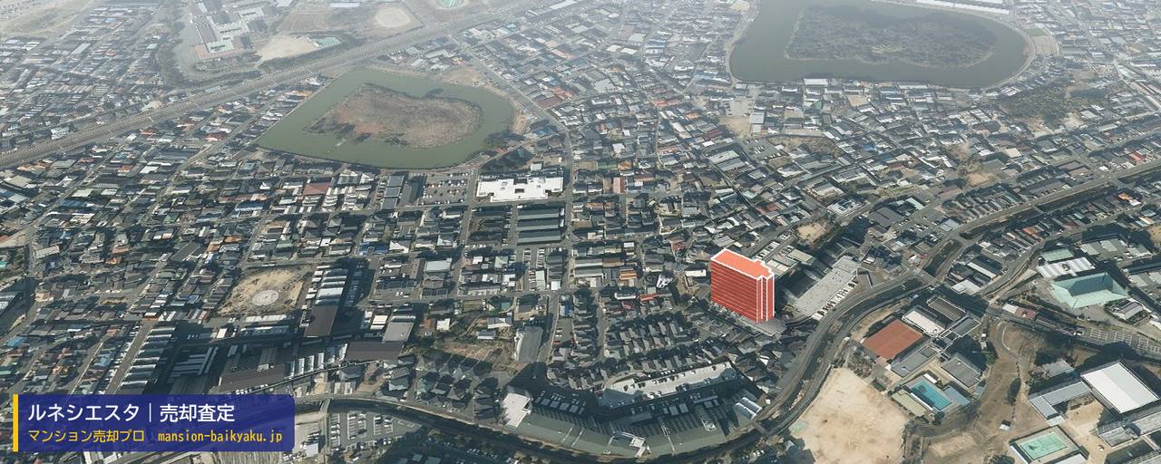 ルネシエスタの売却査定・買取価格｜堺市北区百舌鳥本町（マンション売却プロ作成の建物を立体で示した航空写真）
