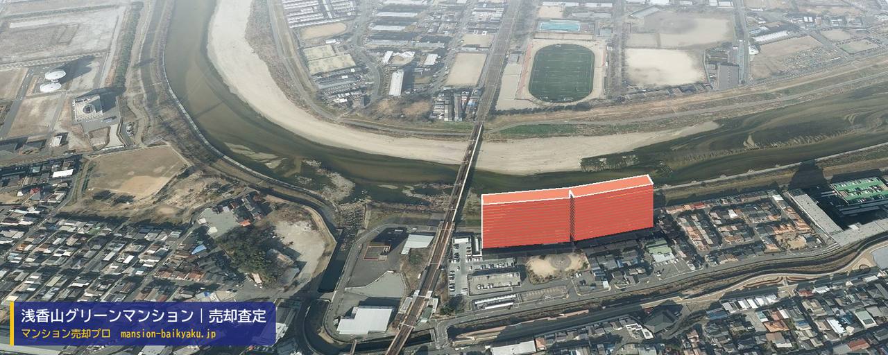 浅香山グリーンマンションの売却査定・買取価格｜堺市北区常磐町（マンション売却プロ作成の建物を立体で示した航空写真）