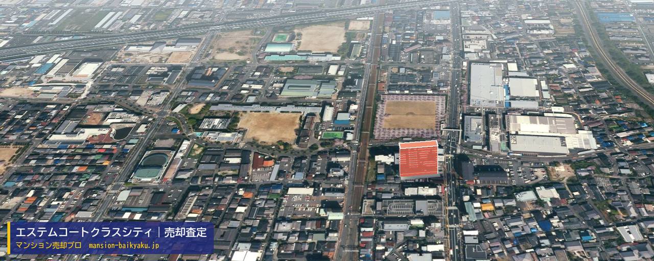 エステムコートクラスシティの売却査定・買取価格｜豊中市庄内東町（マンション売却プロ作成の建物を立体で示した航空写真）