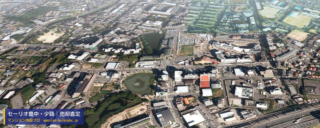 セーリオ豊中・少路の売却査定・買取価格｜豊中市少路（マンション売却プロ作成の建物を立体で示した航空写真）