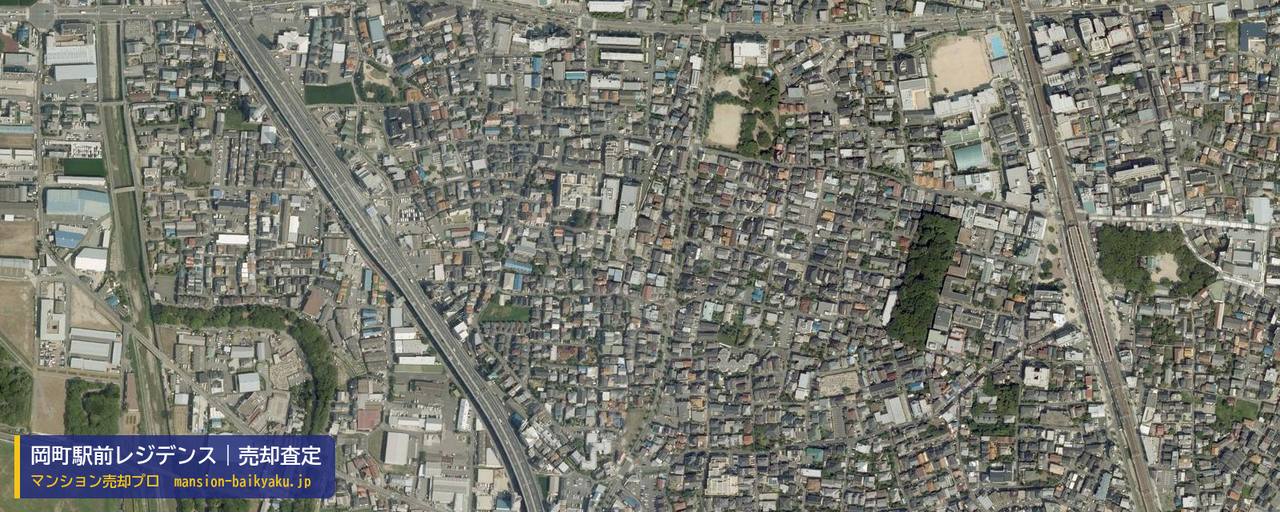 岡町駅前レジデンスの売却査定・買取価格｜豊中市岡町北（マンション売却プロ作成の航空写真（町の中心））