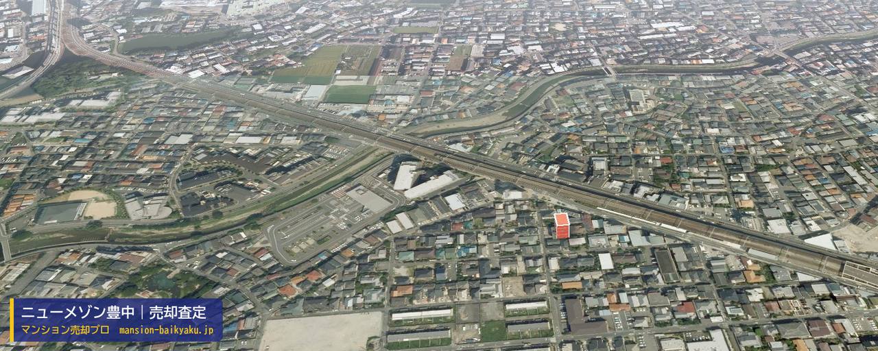ニューメゾン豊中の売却査定・買取価格｜豊中市玉井町（マンション売却プロ作成の建物を立体で示した航空写真）