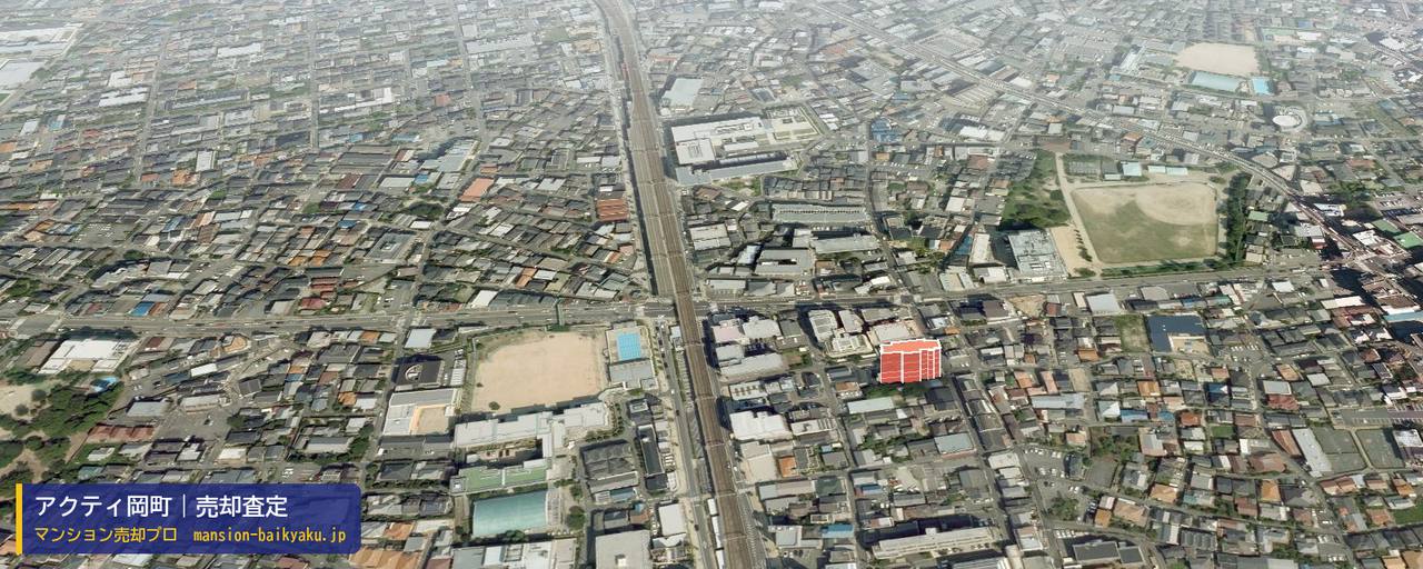 アクティ岡町の売却査定・買取価格｜豊中市岡町（マンション売却プロ作成の建物を立体で示した航空写真）