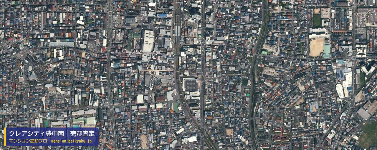 クレアシティ豊中南の売却査定・買取価格｜豊中市庄内東町（マンション売却プロ作成の航空写真（町の中心））