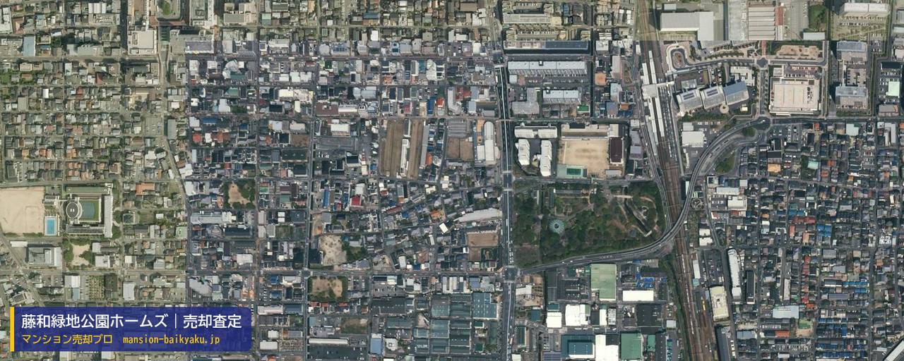 藤和緑地公園ホームズの売却査定・買取価格｜豊中市西泉丘（マンション売却プロ作成の航空写真（町の中心））