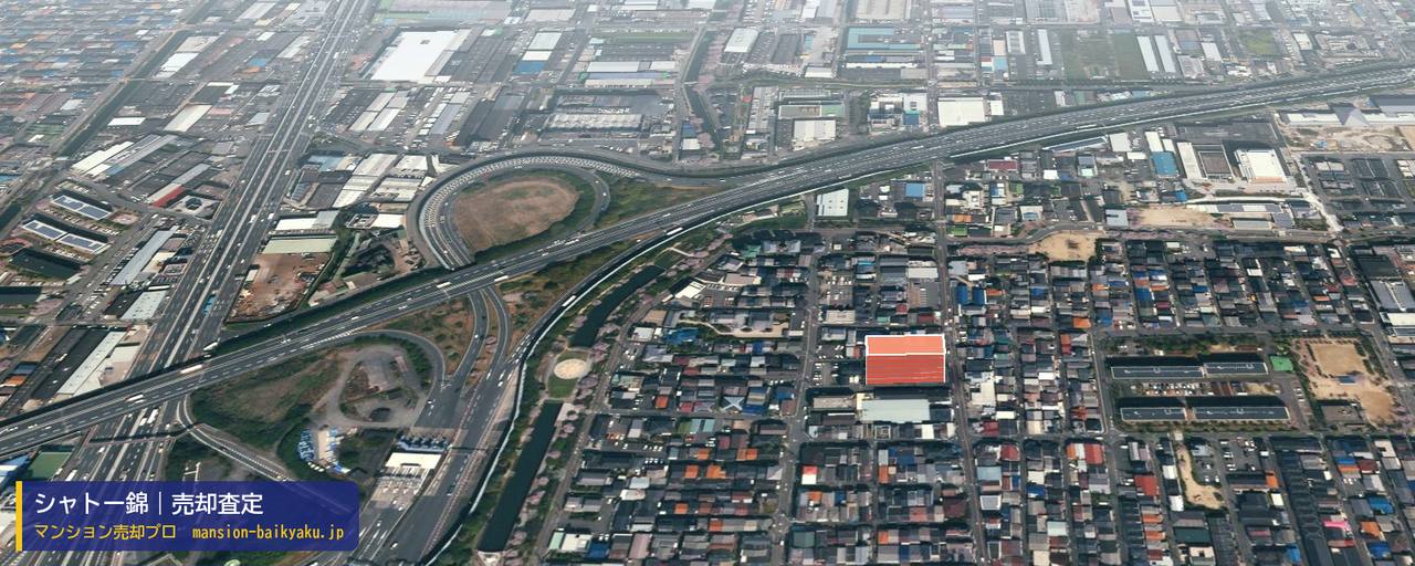 シャトー錦の売却査定・買取価格｜豊中市庄内栄町（マンション売却プロ作成の建物を立体で示した航空写真）