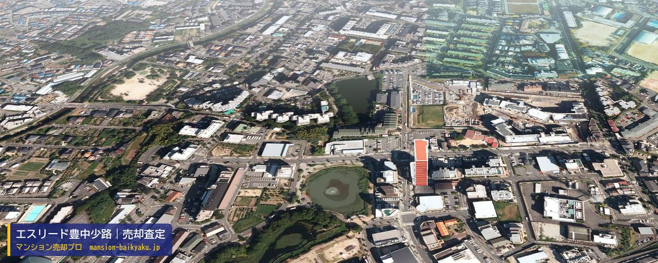 エスリード豊中少路の売却査定・買取価格｜豊中市少路（マンション売却プロ作成の建物を立体で示した航空写真）