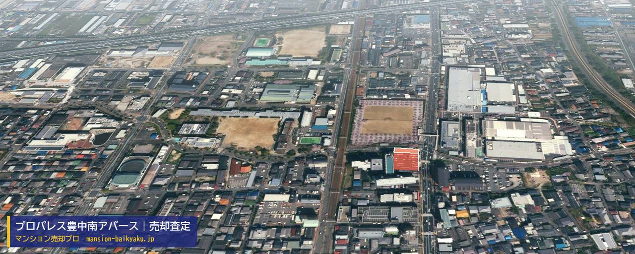 プロパレス豊中南アバースの売却査定・買取価格｜豊中市庄内東町（マンション売却プロ作成の建物を立体で示した航空写真）