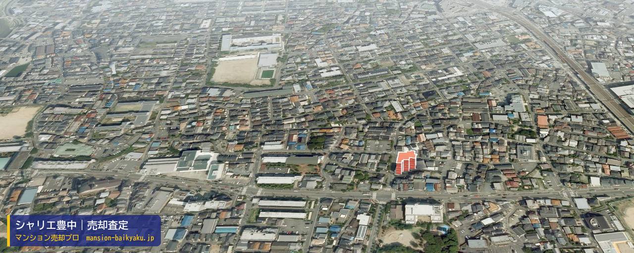 シャリエ豊中の売却査定・買取価格｜豊中市末広町（マンション売却プロ作成の建物を立体で示した航空写真）