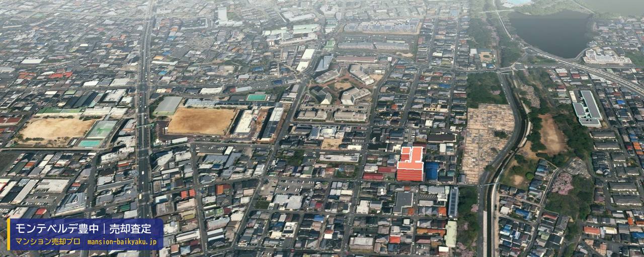 モンテベルデ豊中の売却査定・買取価格｜豊中市服部本町（マンション売却プロ作成の建物を立体で示した航空写真）