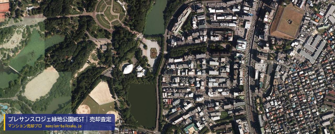 プレサンスロジェ緑地公園WESTの売却査定・買取価格｜豊中市寺内（マンション売却プロ作成の航空写真（町の中心））