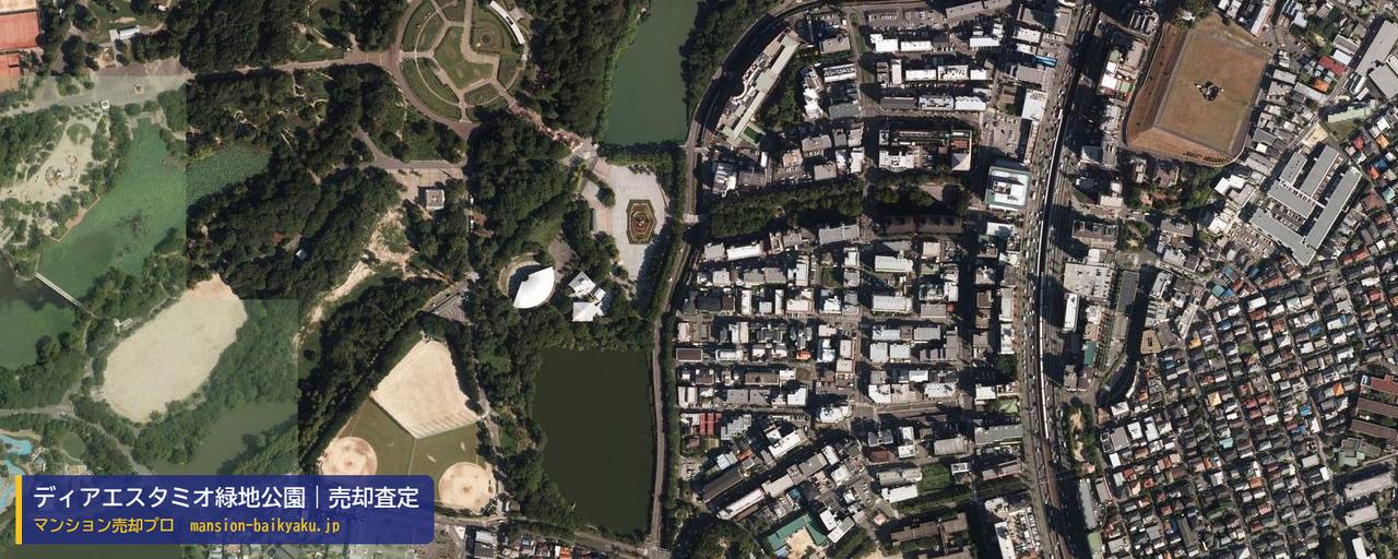 ディアエスタミオ緑地公園の売却査定・買取価格｜豊中市寺内（マンション売却プロ作成の航空写真（町の中心））