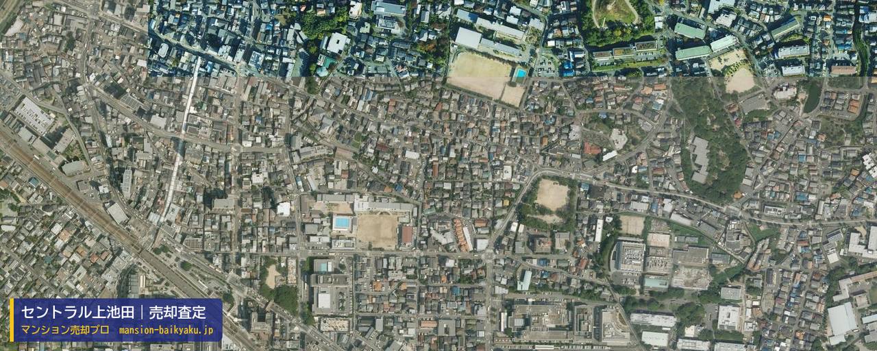 セントラル上池田の売却査定・買取価格｜池田市上池田（マンション売却プロ作成の航空写真（町の中心））