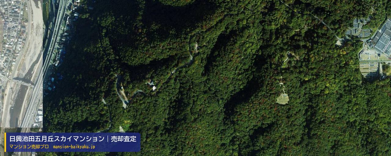 日興池田五月丘スカイマンションの売却査定・買取価格｜池田市五月丘（マンション売却プロ作成の航空写真（町の中心））