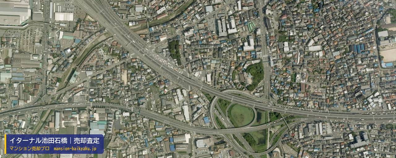 イターナル池田石橋の売却査定・買取価格｜池田市住吉（マンション売却プロ作成の航空写真（町の中心））