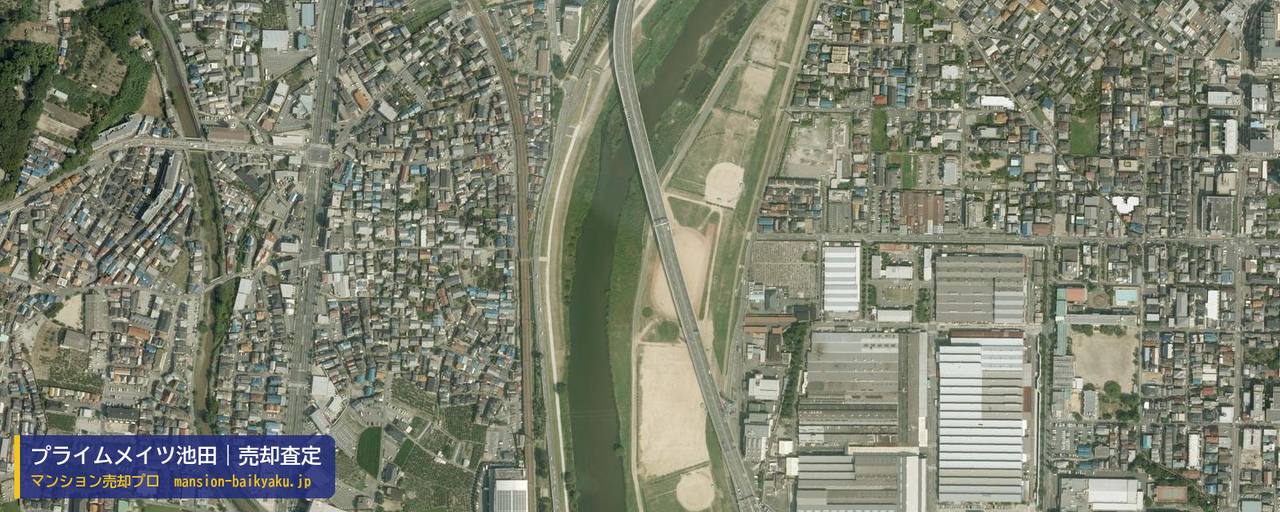 プライムメイツ池田の売却査定・買取価格｜池田市桃園（マンション売却プロ作成の航空写真（町の中心））
