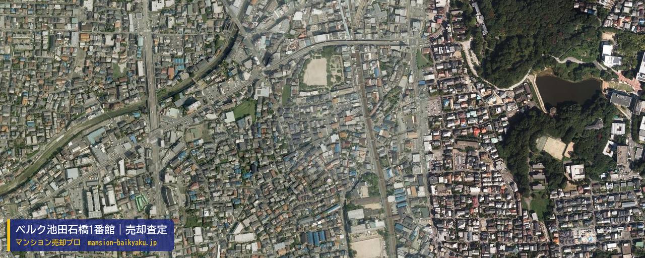 ベルク池田石橋1番館の売却査定・買取価格｜池田市石橋（マンション売却プロ作成の航空写真（町の中心））