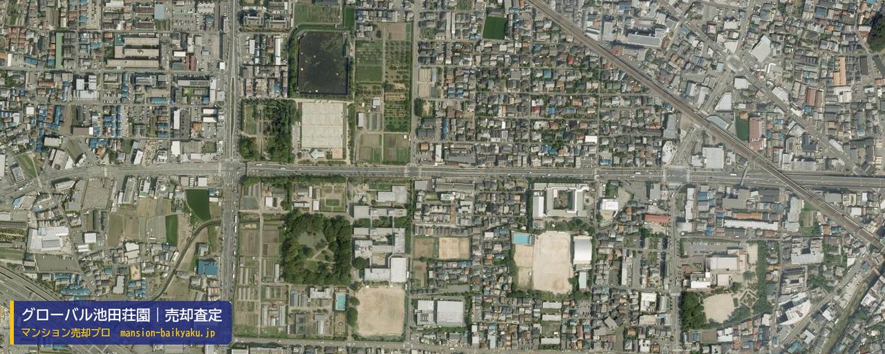 グローバル池田荘園の売却査定・買取価格｜池田市荘園（マンション売却プロ作成の航空写真（町の中心））