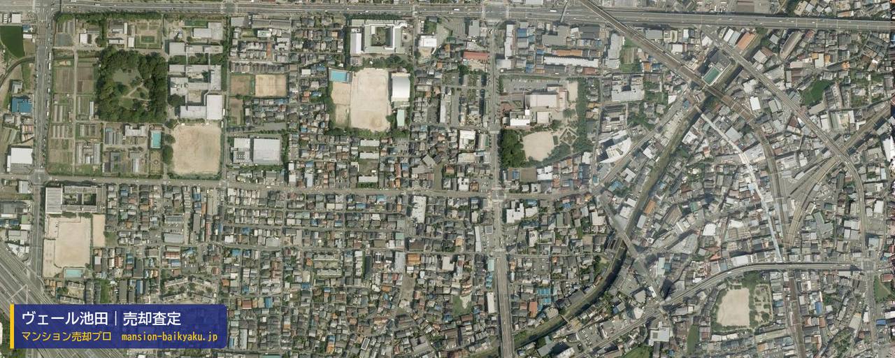 ヴェール池田の売却査定・買取価格｜池田市天神（マンション売却プロ作成の航空写真（町の中心））