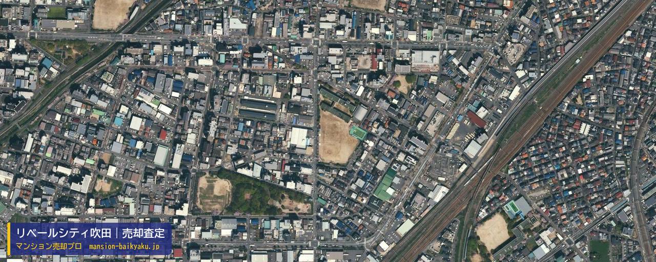 リベールシティ吹田の売却査定・買取価格｜吹田市穂波町（マンション売却プロ作成の航空写真（町の中心））