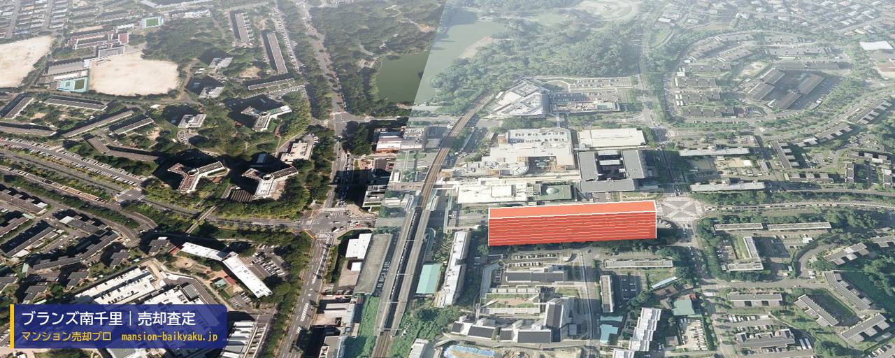 ブランズ南千里の売却査定・買取価格｜吹田市佐竹台（マンション売却プロ作成の建物を立体で示した航空写真）