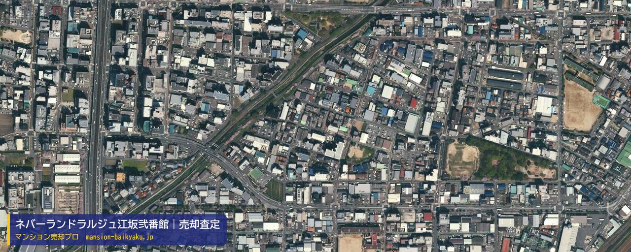 ネバーランドラルジュ江坂弐番館の売却査定・買取価格｜吹田市南金田（マンション売却プロ作成の航空写真（町の中心））