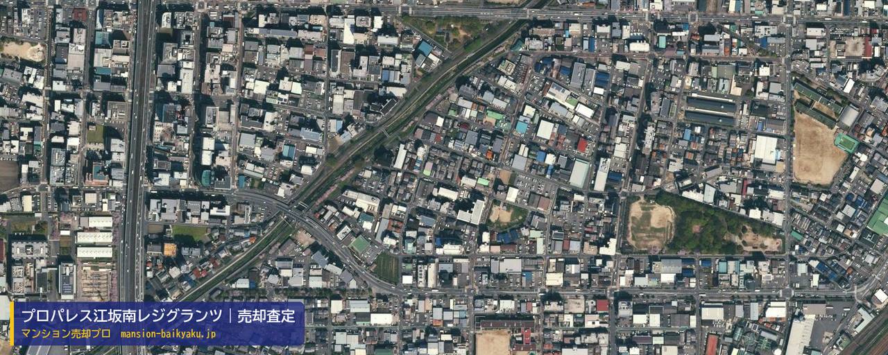 プロパレス江坂南レジグランツの売却査定・買取価格｜吹田市南金田（マンション売却プロ作成の航空写真（町の中心））