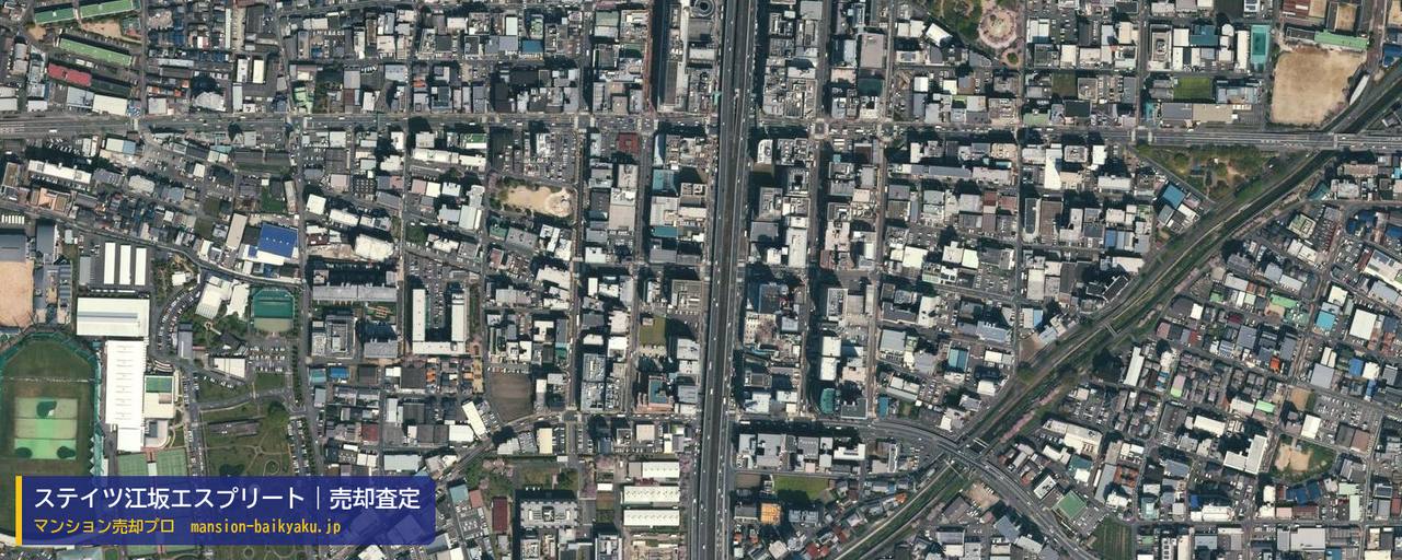 ステイツ江坂エスプリートの売却査定・買取価格｜吹田市広芝町（マンション売却プロ作成の航空写真（町の中心））