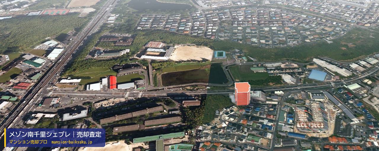 メゾン南千里シェプレの売却査定・買取価格｜吹田市千里山竹園（マンション売却プロ作成の建物を立体で示した航空写真）