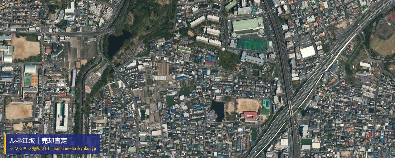 ルネ江坂の売却査定・買取価格｜吹田市江坂町（マンション売却プロ作成の航空写真（町の中心））