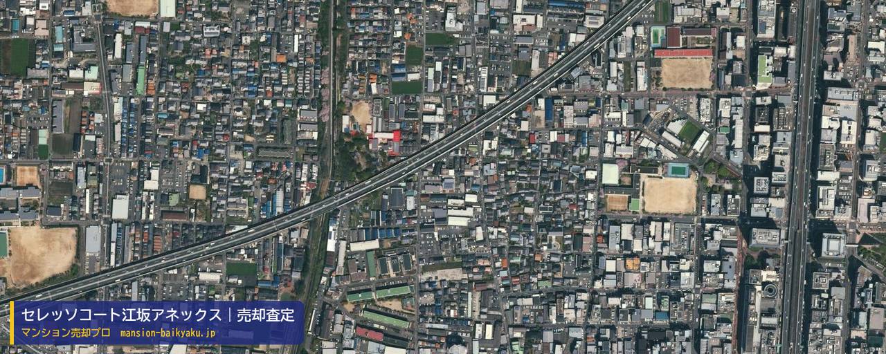 セレッソコート江坂アネックスの売却査定・買取価格｜吹田市豊津町（マンション売却プロ作成の航空写真（町の中心））