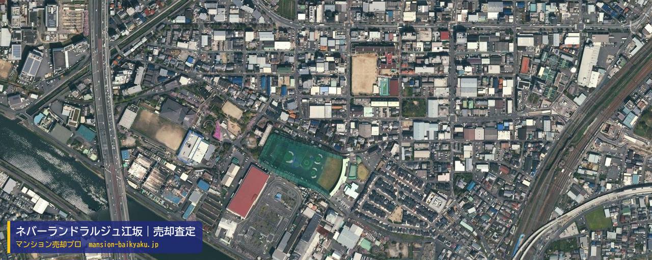 ネバーランドラルジュ江坂の売却査定・買取価格｜吹田市南吹田（マンション売却プロ作成の航空写真（町の中心））