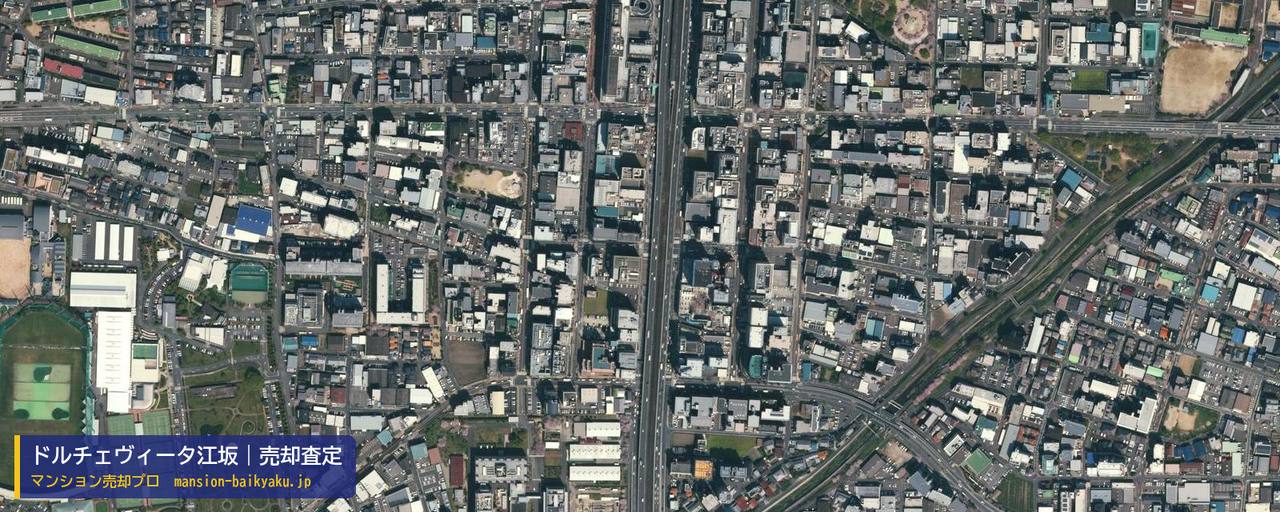 ドルチェヴィータ江坂の売却査定・買取価格｜吹田市広芝町（マンション売却プロ作成の航空写真（町の中心））