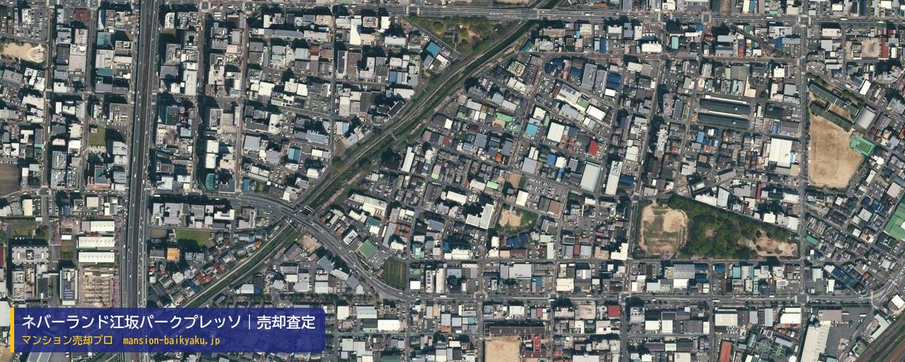 ネバーランド江坂パークプレッソの売却査定・買取価格｜吹田市南金田（マンション売却プロ作成の航空写真（町の中心））