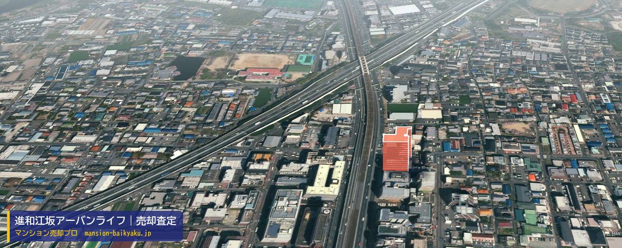 進和江坂アーバンライフの売却査定・買取価格｜吹田市江坂町（マンション売却プロ作成の建物を立体で示した航空写真）
