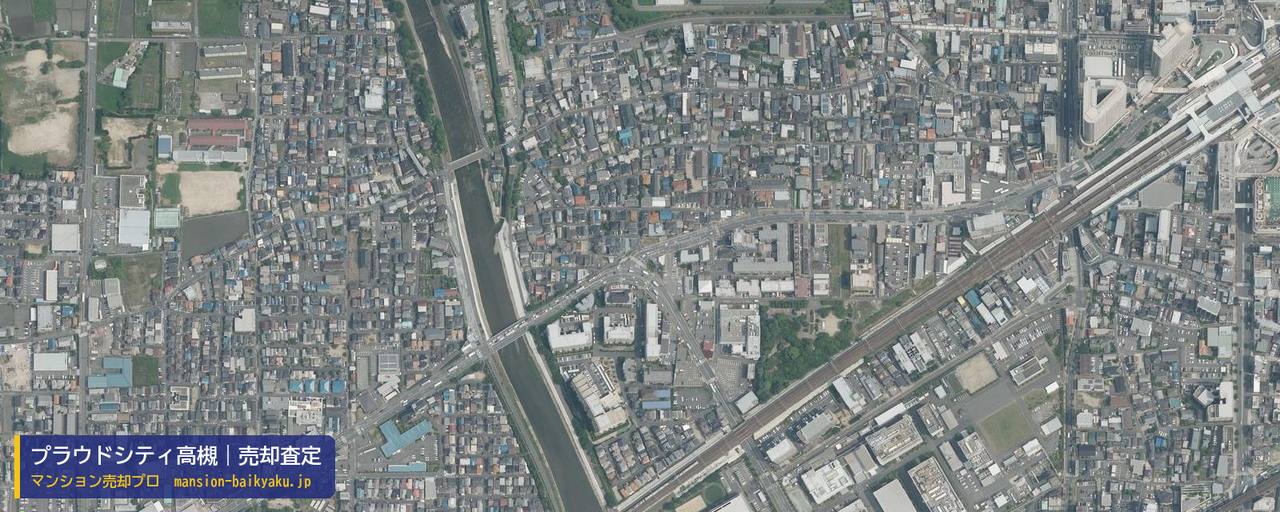 プラウドシティ高槻の売却査定・買取価格｜高槻市南芥川町（マンション売却プロ作成の航空写真（町の中心））