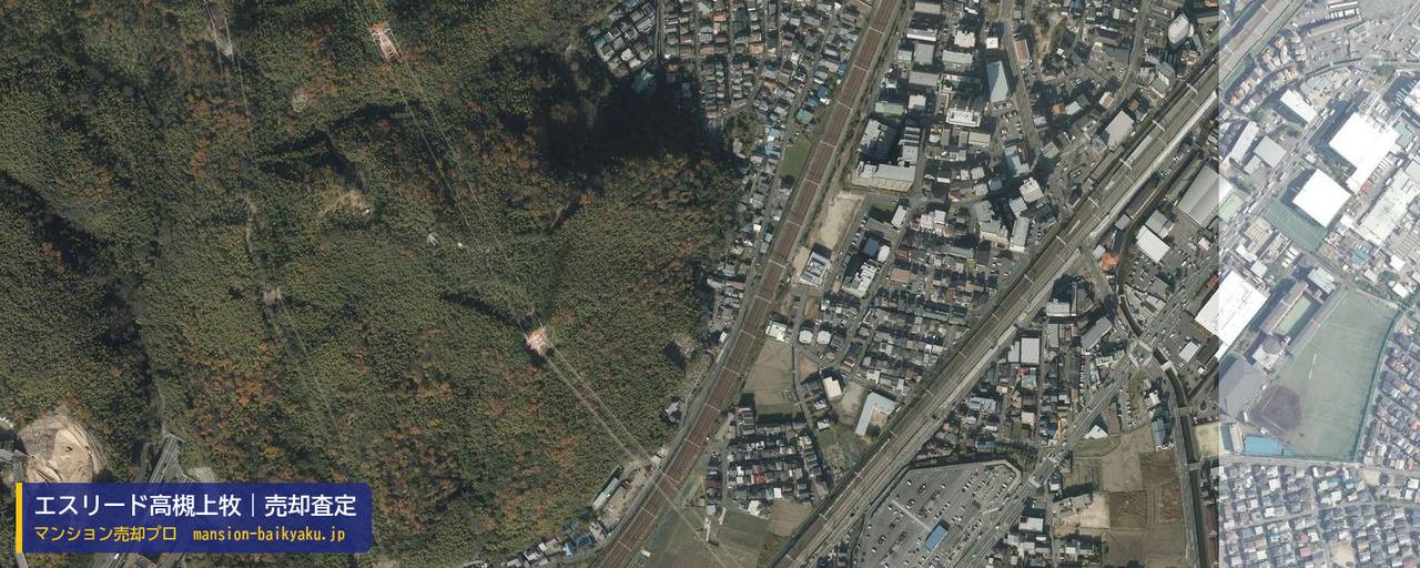 エスリード高槻上牧の売却査定・買取価格｜高槻市上牧北駅前町（マンション売却プロ作成の航空写真（町の中心））