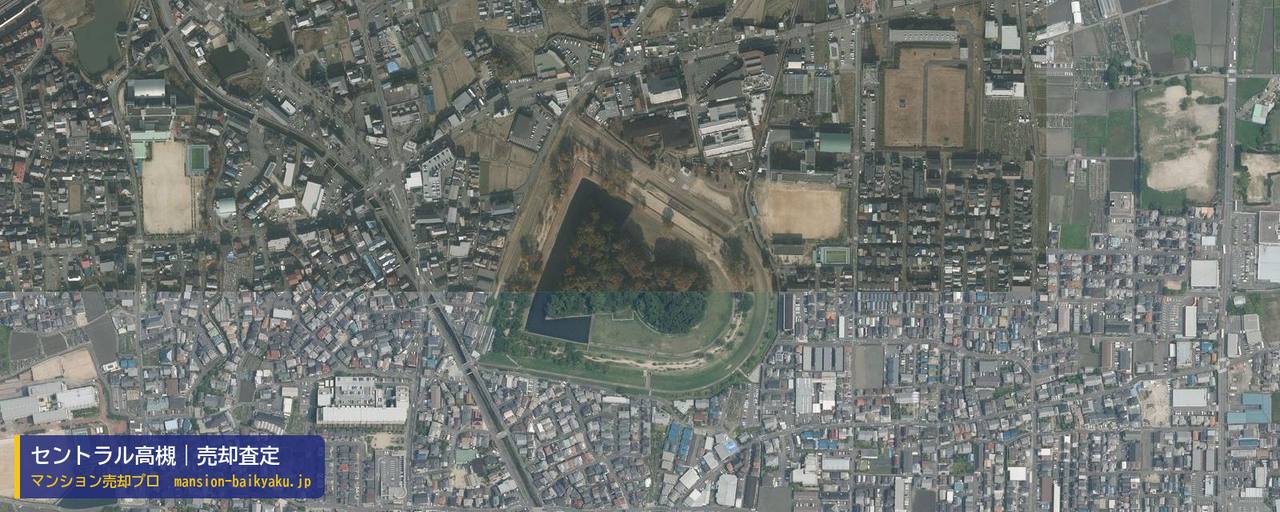 セントラル高槻の売却査定・買取価格｜高槻市郡家新町（マンション売却プロ作成の航空写真（町の中心））