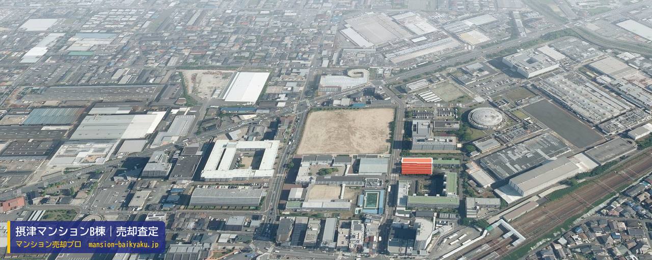 摂津マンションB棟の売却査定・買取価格｜高槻市大畑町（マンション売却プロ作成の建物を立体で示した航空写真）