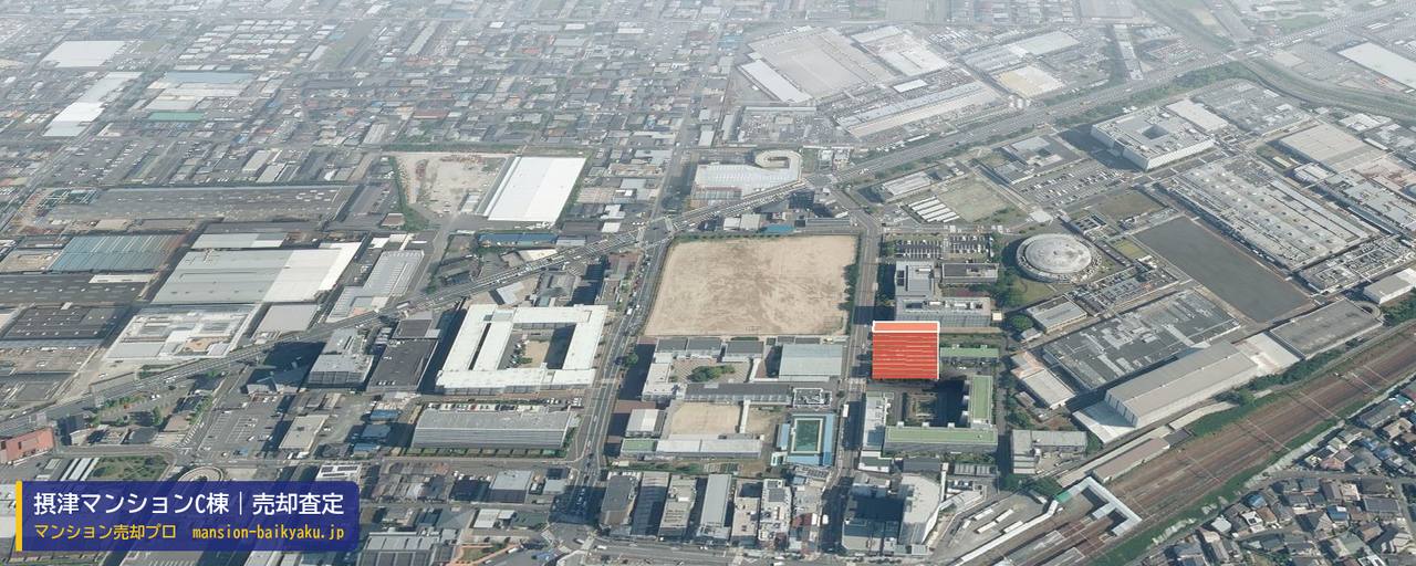 摂津マンションC棟の売却査定・買取価格｜高槻市大畑町（マンション売却プロ作成の建物を立体で示した航空写真）