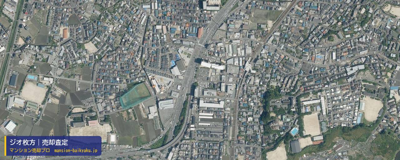 ジオ枚方の売却査定・買取価格｜枚方市北中振（マンション売却プロ作成の航空写真（町の中心））