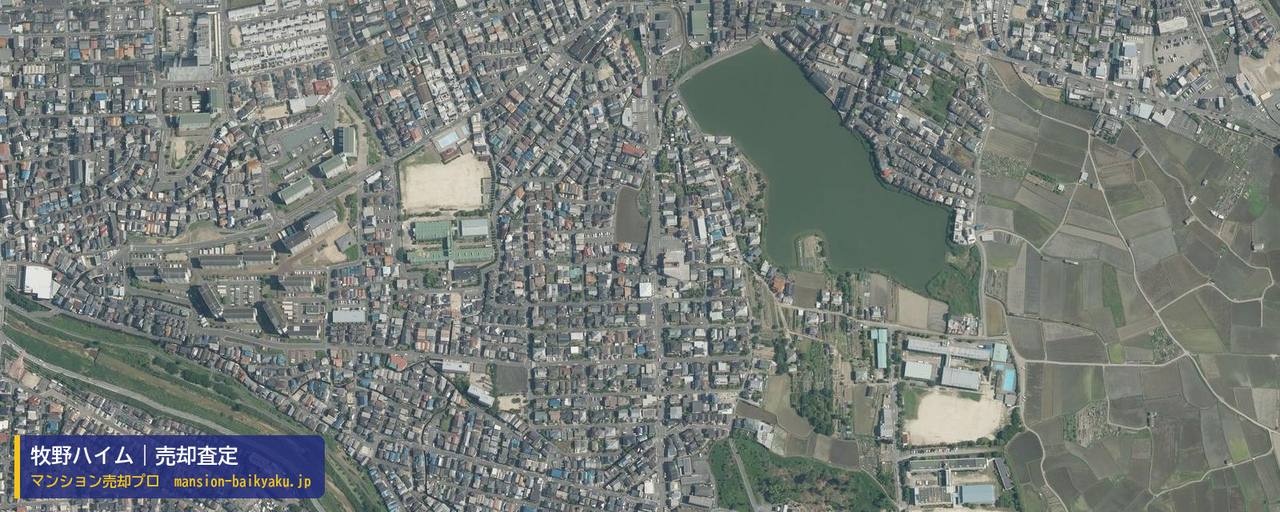牧野ハイムの売却査定・買取価格｜枚方市招提中町（マンション売却プロ作成の航空写真（町の中心））
