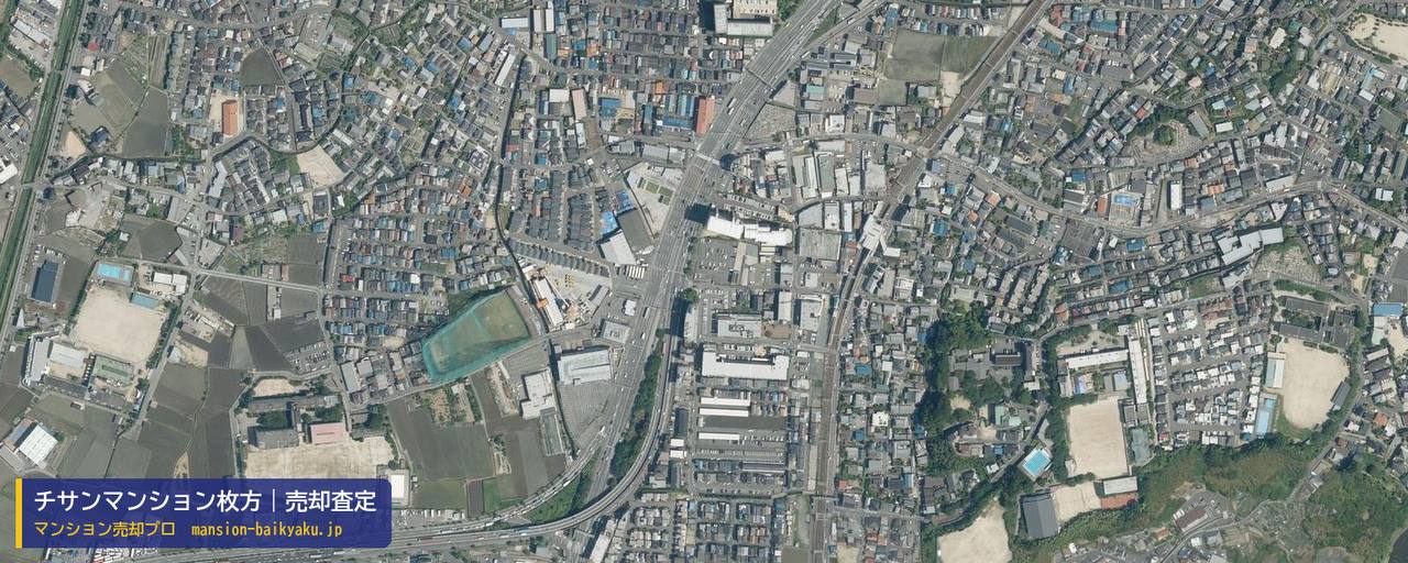 チサンマンション枚方の売却査定・買取価格｜枚方市北中振（マンション売却プロ作成の航空写真（町の中心））