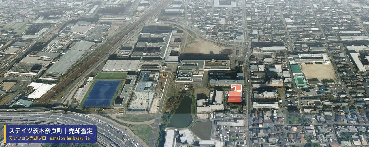 ステイツ茨木奈良町の売却査定・買取価格｜茨木市奈良町（マンション売却プロ作成の建物を立体で示した航空写真）